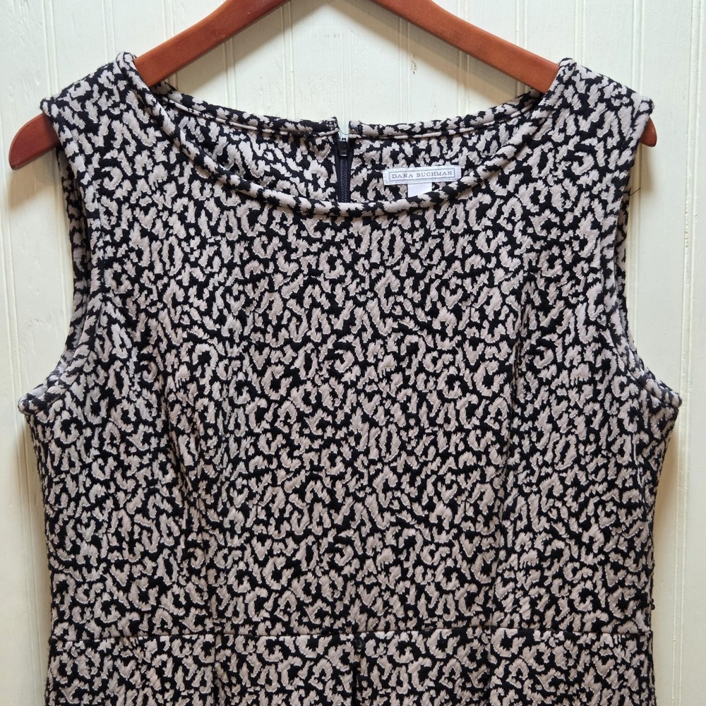 Dana Buchman Dress Womens 14 Black Animal‎ Sleeveless Fit & Flare Knee Length